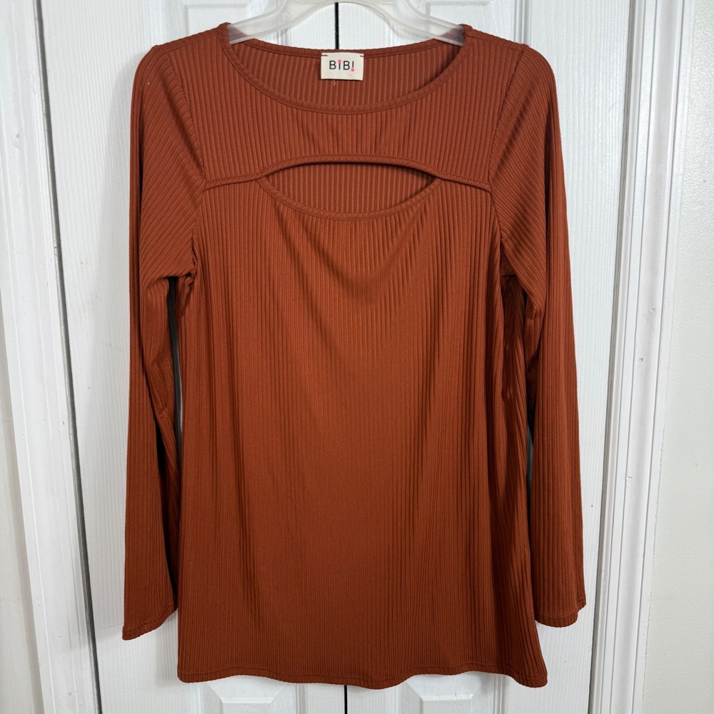 BIBI Womens Rust Ribbed Long Sleeve Top Cutout Keyhole Boho 70s Fall